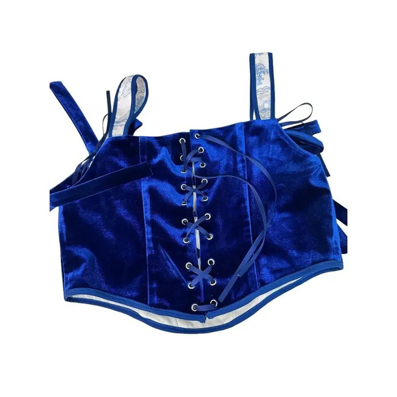 Simple Retro Navy Blue Floral Side Velvet Bustier Corset Top Size S - Picture 7 of 8